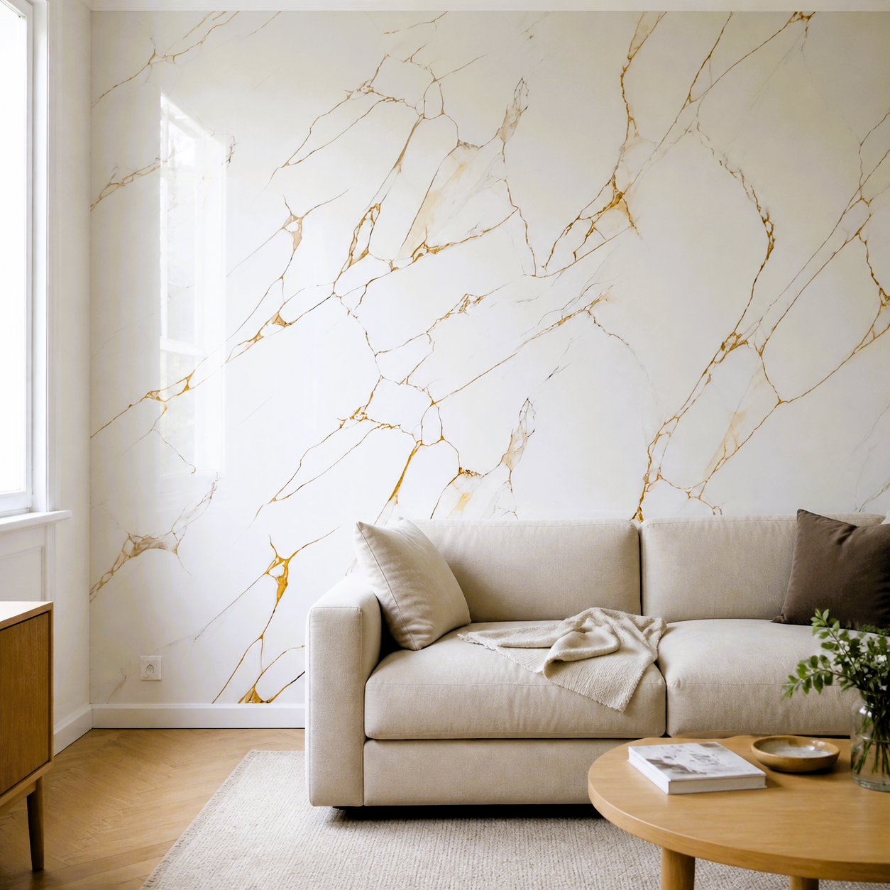 Декоративно самозалепващо фолио – Calacatta Gold Fracture, бял мрамор със златни жилки (120×300 см)