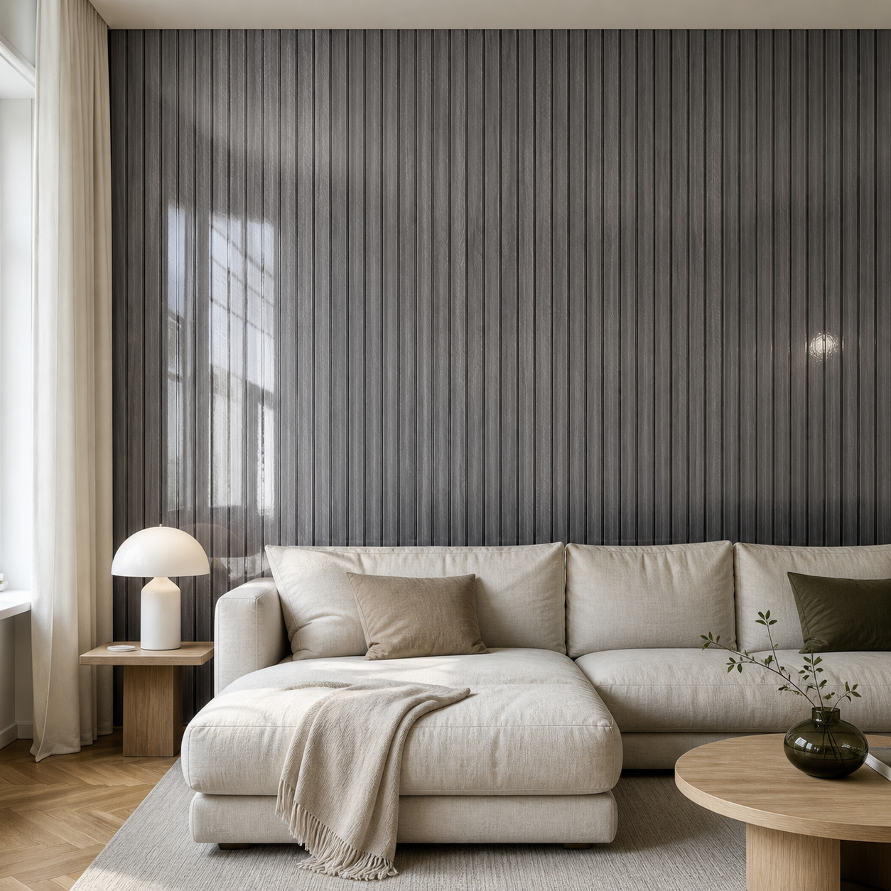 Декоративно самозалепващо фолио – Graphite Wood Slats, графитено дърво с ламелен ефект (120×300 см)