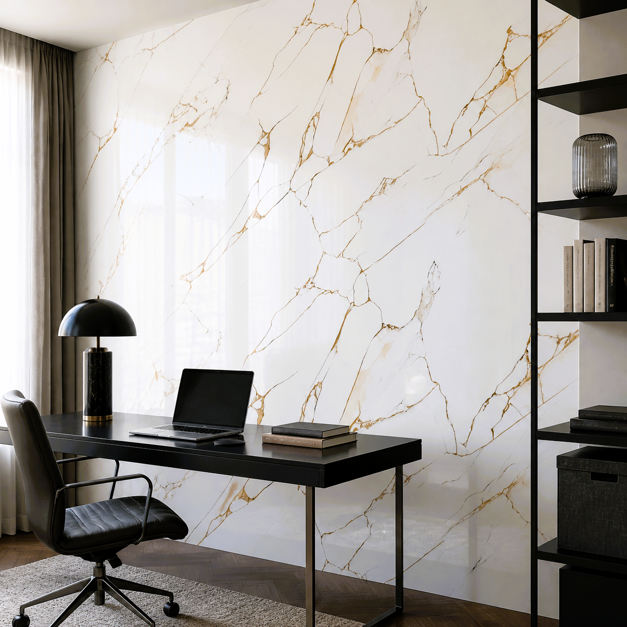Декоративно самозалепващо фолио – Calacatta Gold Fracture, бял мрамор със златни жилки (120×300 см)