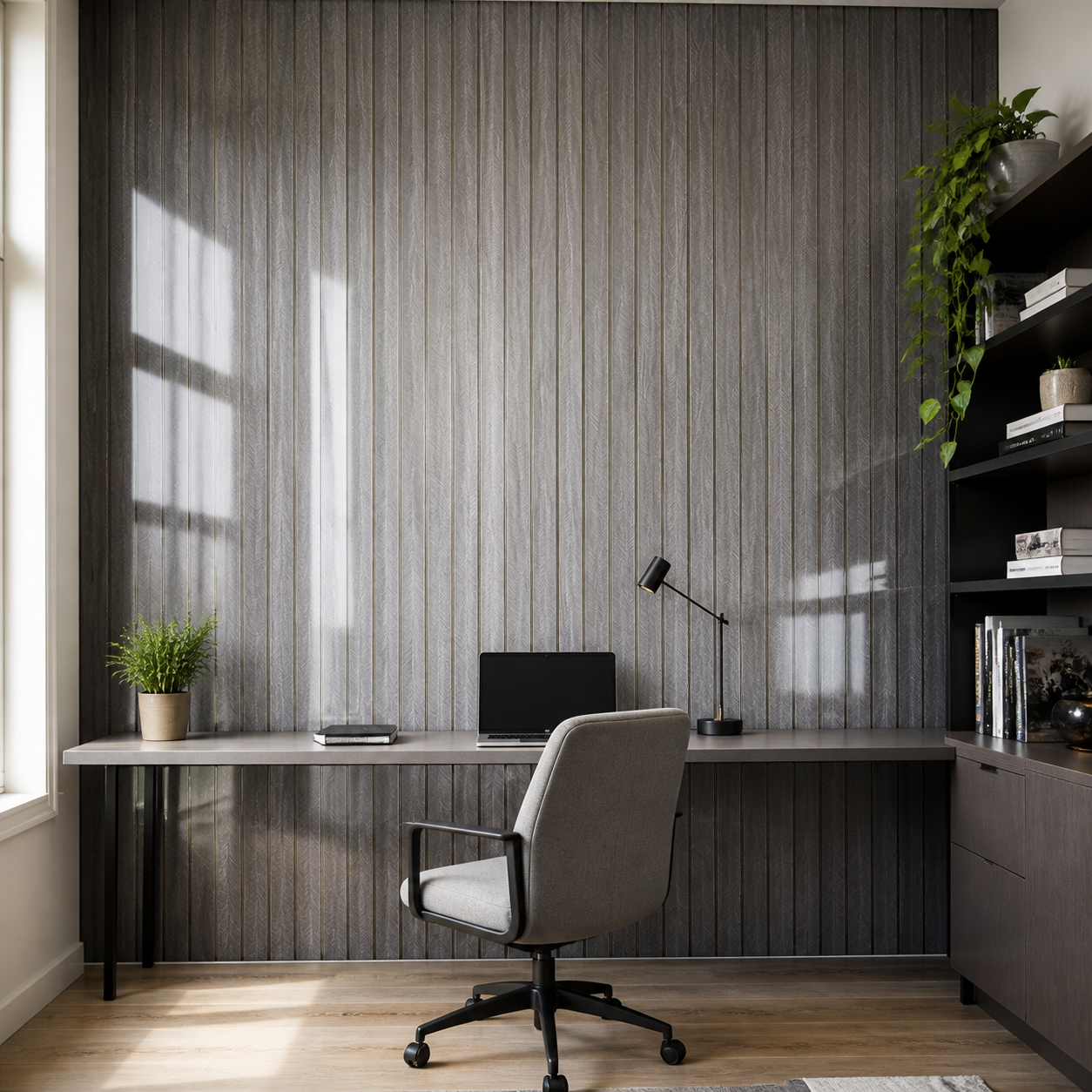 Декоративно самозалепващо фолио – Graphite Wood Slats, графитено дърво с ламелен ефект (120×300 см)